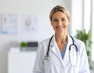 Médico caucásico de 40 años con estetoscopio, sonriendo en consultorio moderno con paredes blancas y gráficos médicos, fotografía realista estilo editorial, luz natural suave,