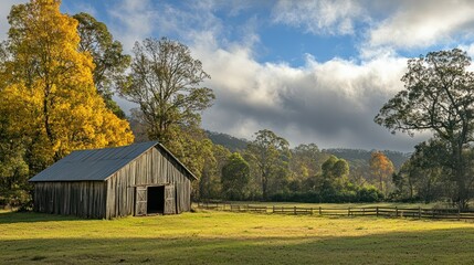 Obraz premium Old wooden barn sits on a green field surrounded by trees and a cloudy sky.