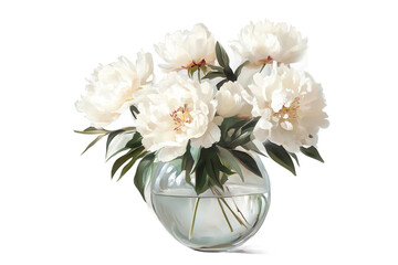 White peonies in glass vase painting isolated on transparent background