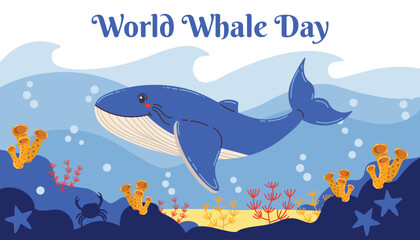 Bright World Whale Day card showcasing a joyful cartoon whale swimming in a colorful underwater landscape. Flat style design with bubbles, coral, and ocean elements.