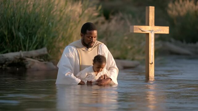 A priest baptizing a baby in a river during golden hour