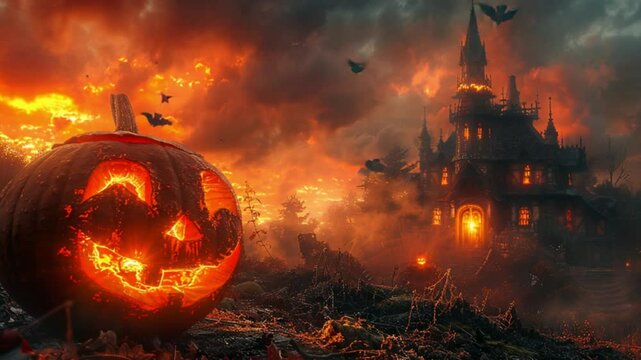 lentera labu halloween di depan rumah hantu
