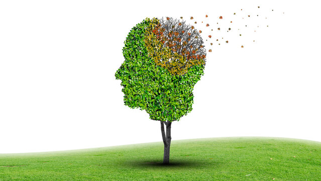 Brain disease with memory loss due to Dementia and Alzheimer's illness as medical icon of a tree shaped as human head and brain losing leaves as concept of intelligence decline.