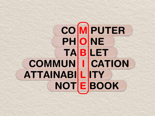 concept word mobile, crossword written on wooden stick, business mobile concept with copy space