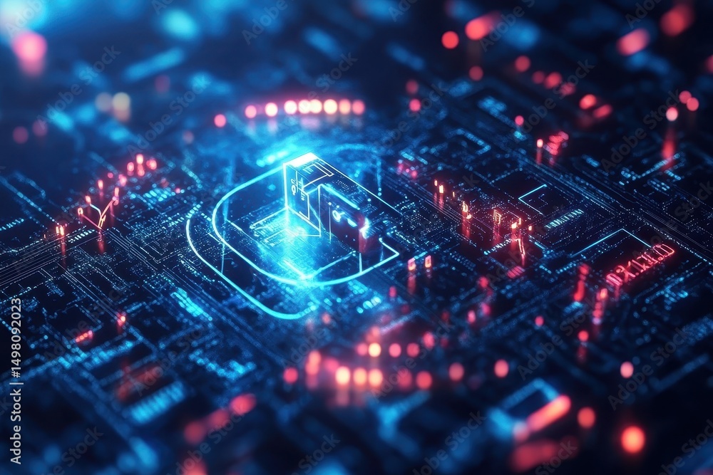 Poster digital lock technology visualizes online security and data protection through intricate circuitry, 