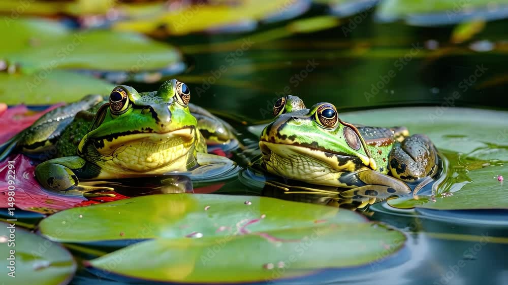 Aufkleber frogs resting on lily pads in a serene freshwater pond during a sunny day with vibrant green foliage