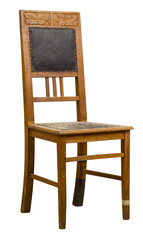 Vintage wooden chair with intricate carvings and leather backrest from the early 20th century