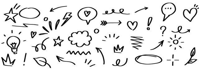 Black Marker Doodle Icons and Symbols. Vector Set on Transparent Background.