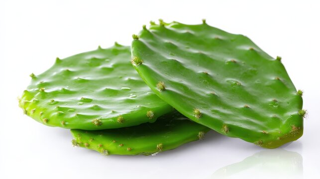 Fresh Green Cactus Pads (Opuntia Ficus Indica) on White Background &ndash; Edible Prickly Pear Leaves for Cooking and Nutrition