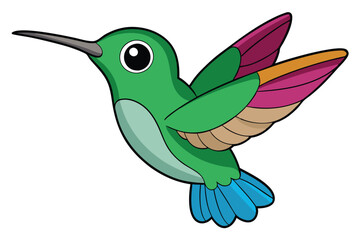 Colorful Cartoon Hummingbird with Green Body, Blue Tail, and Multicolor Wings Design