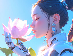 Cute robot girl holds flower in sunny day