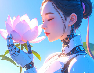 Attractive robot girl holds flower in sunny day