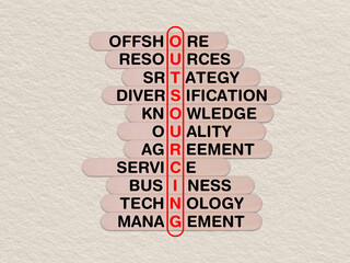 concept word outsourceing, crossword written on wooden stick, business outsourceing concept with copy space