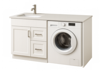 Modern washing machine and bathroom vanity with sink on transparent background