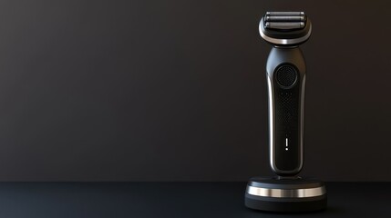 Sleek electric shaver on charging stand, product shot against a dark background.