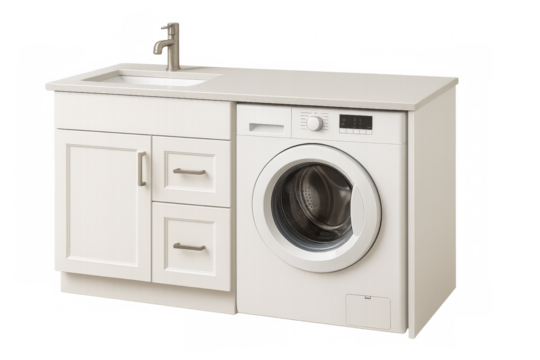 Modern washing machine and bathroom vanity with sink on transparent background - Powered by Adobe