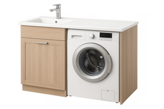 Modern washing machine and sink unit on transparent background