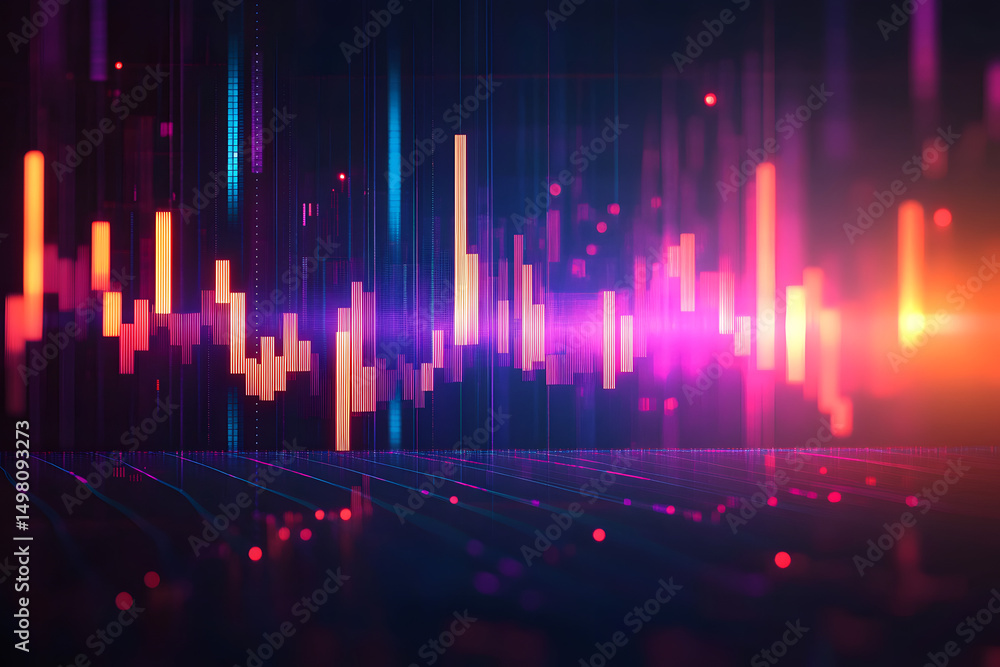 Poster a glowing candlestick forex chart displayed on a soft, blurry bokeh background. represents technolog