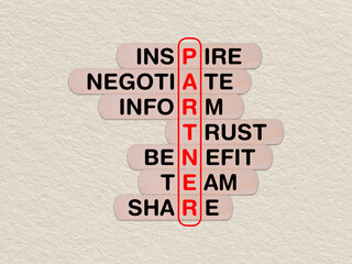 concept word partner, crossword written on wooden stick, business partner concept with copy space