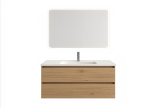 Modern bathroom sink and mirror with backlit led on transparent background