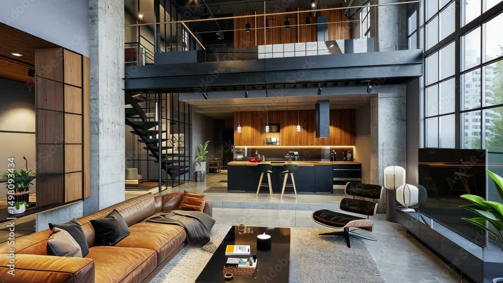 Poster stylish loft interior with modern design and large windows showcasing open living space in 4k resolu