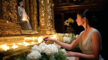 A woman arranging flowers for a church festival altar