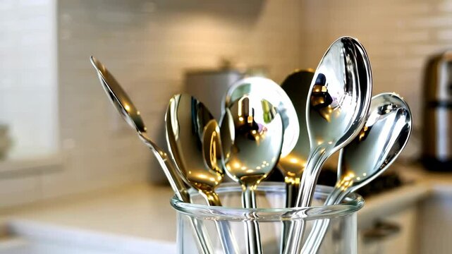 Elegant composition of gleaming chrome spoons in a clear glass, modern kitchen setting