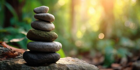 Obraz premium Zen Stone Stack in Sunlit Forest for Meditation and Relaxation