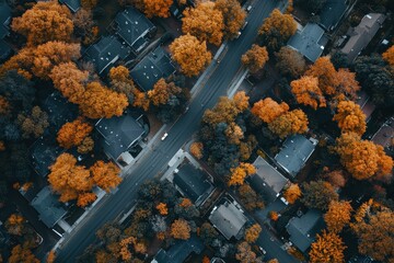 Residential area featuring autumn foliage and winding roads captured from aerial perspective, Aerial view of residential area with roads and houses surrounded by trees