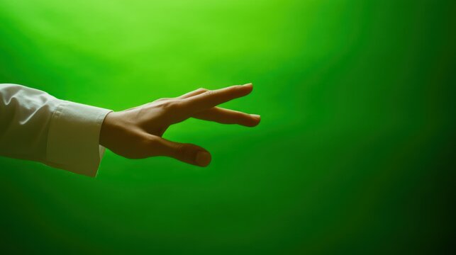 A hand reaching out on a green screen, gesturing with an open palm and fingers. - Powered by Adobe