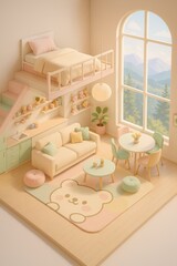 Cute Pastel Loft Interior with Playful Decor and Mountain View