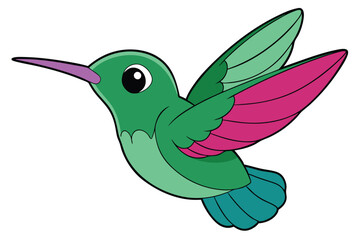 Cartoon Hummingbird Illustration with Green Feathers, Teal Tail, and Pink Accented Wings