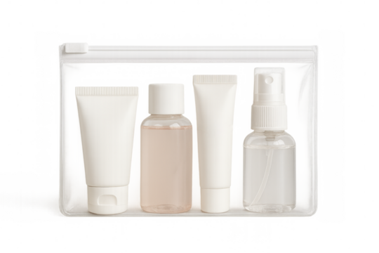 Transparent travel toiletry bottles set in zipper bag