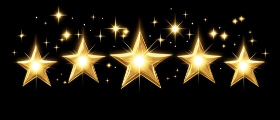 Obraz premium Five gold stars shine brightly on black background,rating,review,awards,success