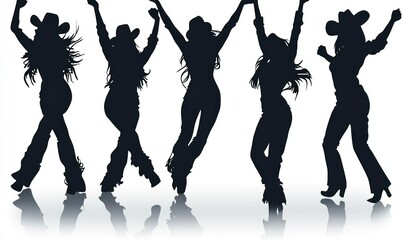 Five silhouetted cowgirls joyfully dancing, celebrating
