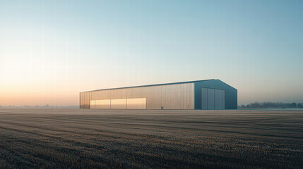 Modern Hangar on Horizon: A sleek, modern hangar stands solitary against the vast sky and muted fields. A monument to functionality, framed by the subtle play of light and shadow.