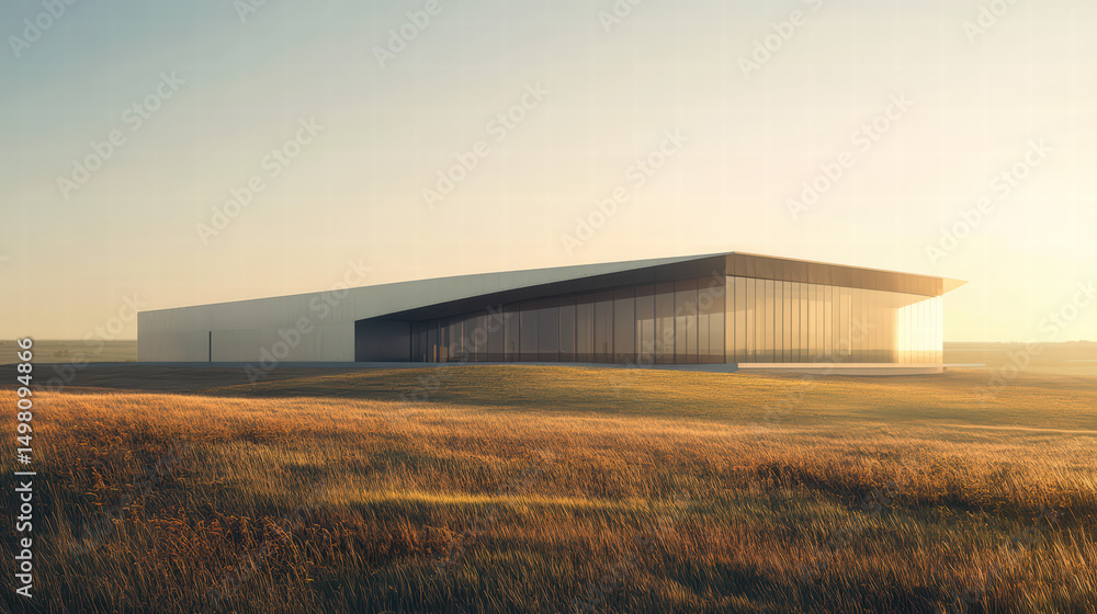 Poster modern architectural harmony: a striking modern building with clean lines stands in a vast, open fie