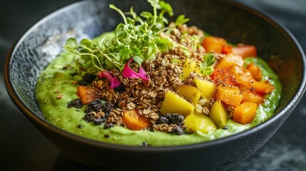A bowl of green smoothie, topped with granola, fruit, and fresh sprouts.