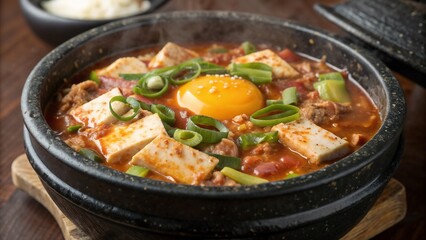 Spicy sundubu jjigae with tofu and egg, steaming and flavorful, traditional Korean dish served in a stone pot