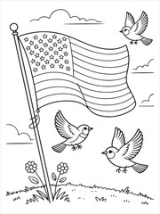 Waving American Flag Coloring Page with Birds in the Sky