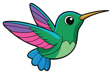 Cute Cartoon Hummingbird Illustration Vibrant Colors, Detailed Wings, Blue Tail and Yellow Beak