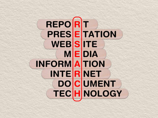 concept word research, crossword written on wooden stick, business research concept with copy space