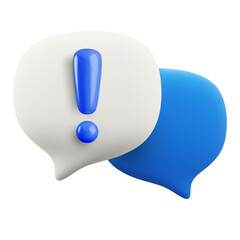 Vector cartoon 3d attention talk icon. Cute realistic render of speech bubbles with blue exclamation mark. Important dialogue, danger message warning sign, problem notice popup, online support.