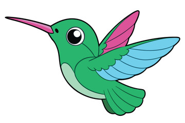 Cartoon Green Hummingbird with Pink Beak and Blue Wings in Flight Illustration