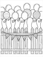 Patriotic Balloons on Picket Fence with Bunting Coloring Page