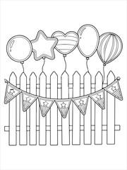 Patriotic Balloons on Picket Fence with Bunting Coloring Page