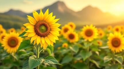Obraz premium Field of sunflowers blooming in a golden sunset landscape