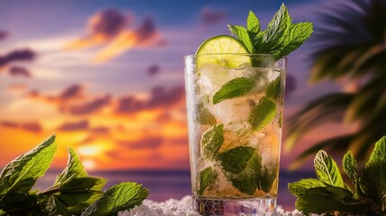 A refreshing mojito drink at the beach with mint, lime, and ice at sunset.