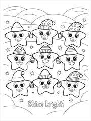 Row of Happy Star Characters Holding Hands with Hats Coloring Page
