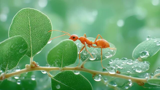 Macro shot of tropical ant in rain forest   Orange ant on leaf, ant walking on dew, ant macro on leaf  orange ant dewy leaf insect macro
